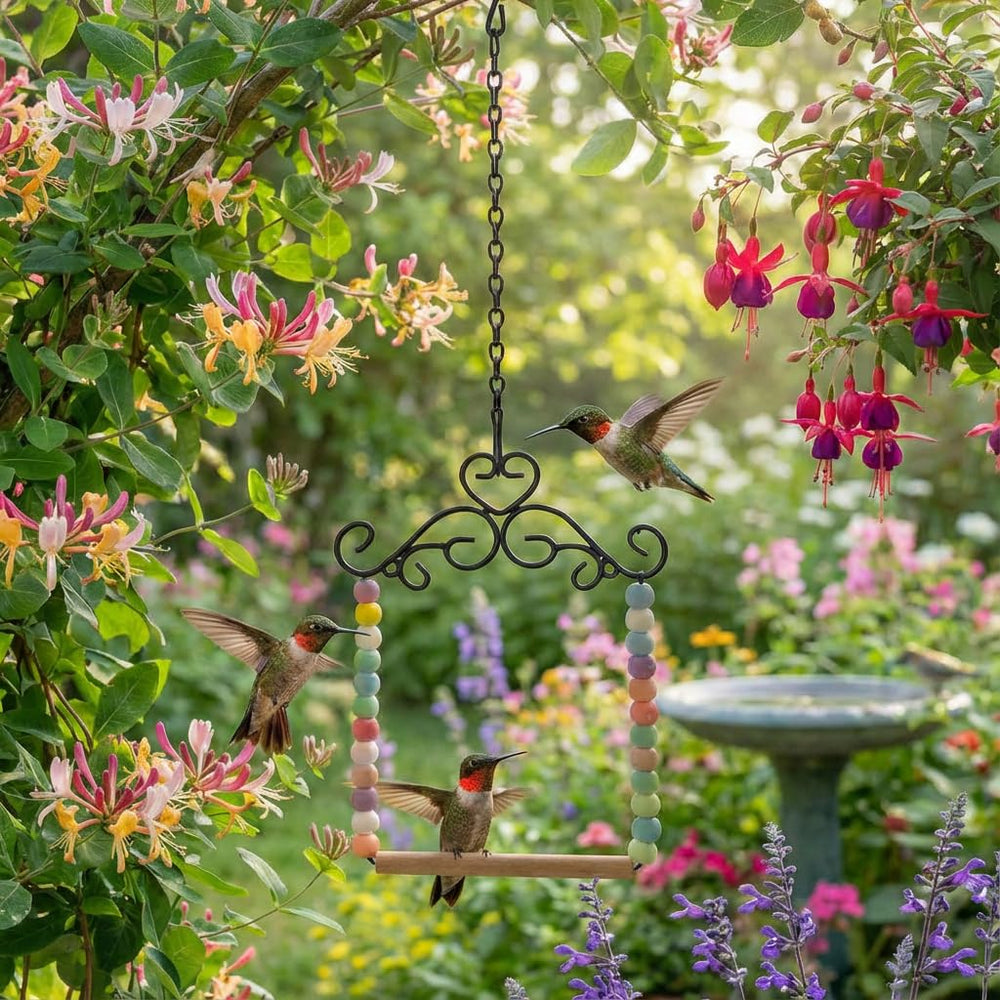 Nesturrow hummingbird swing near feeder invites more visits by hummingbirds.