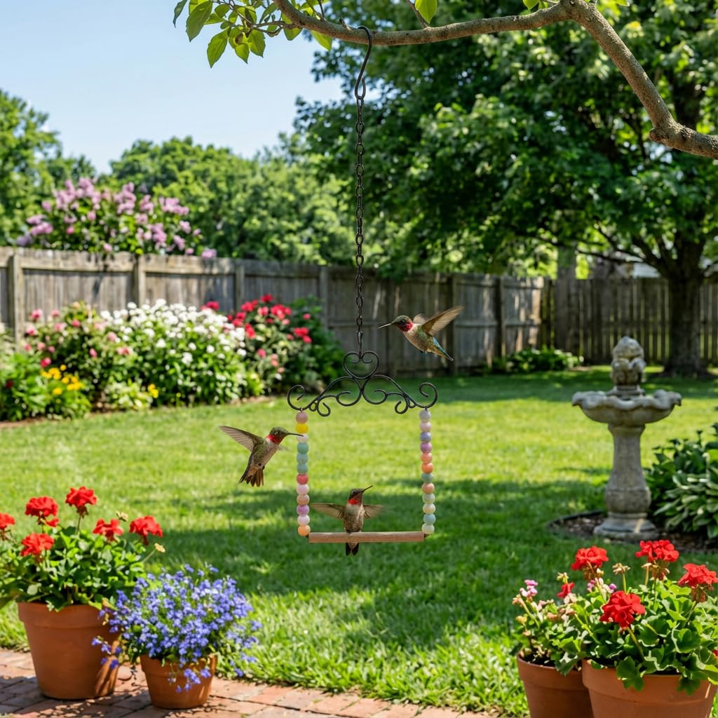 Nesturrow hummingbird swing attached to a tree branch for outdoor use.