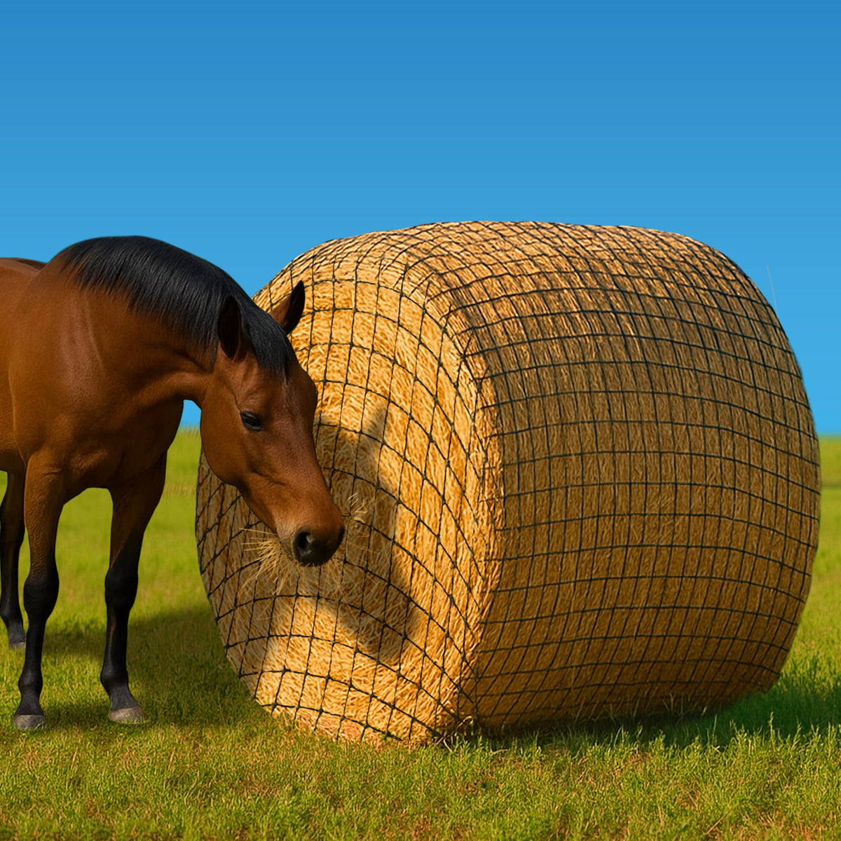 NETYSAY hay net on a round bale, top view for quick setup.