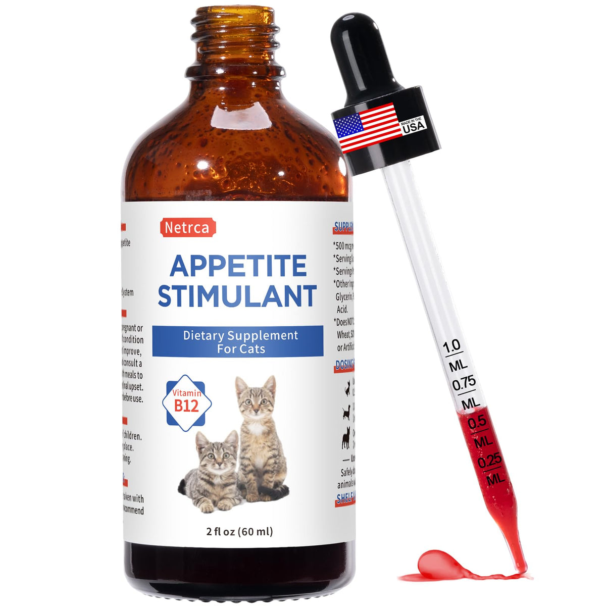 Netrca cat appetite stimulant bottle shown for daily use to boost meals.