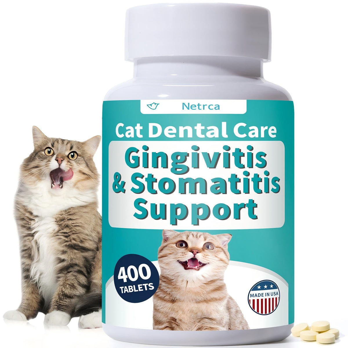 Netrca cat gingivitis tablets bottle supports gum health and tartar control.