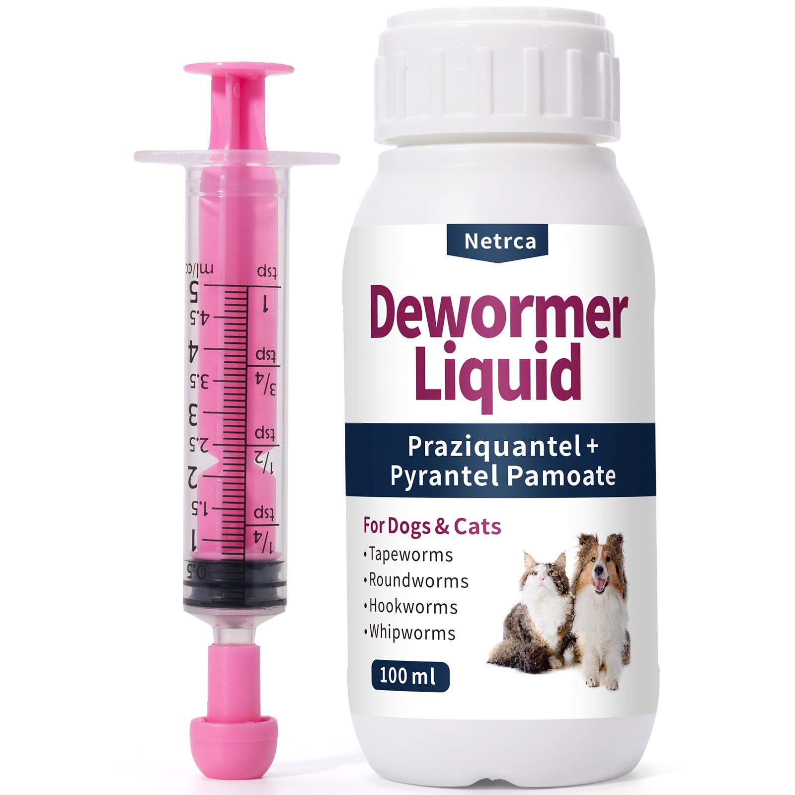 Netrca dewormer liquid bottle pour for easy administration and quick relief.