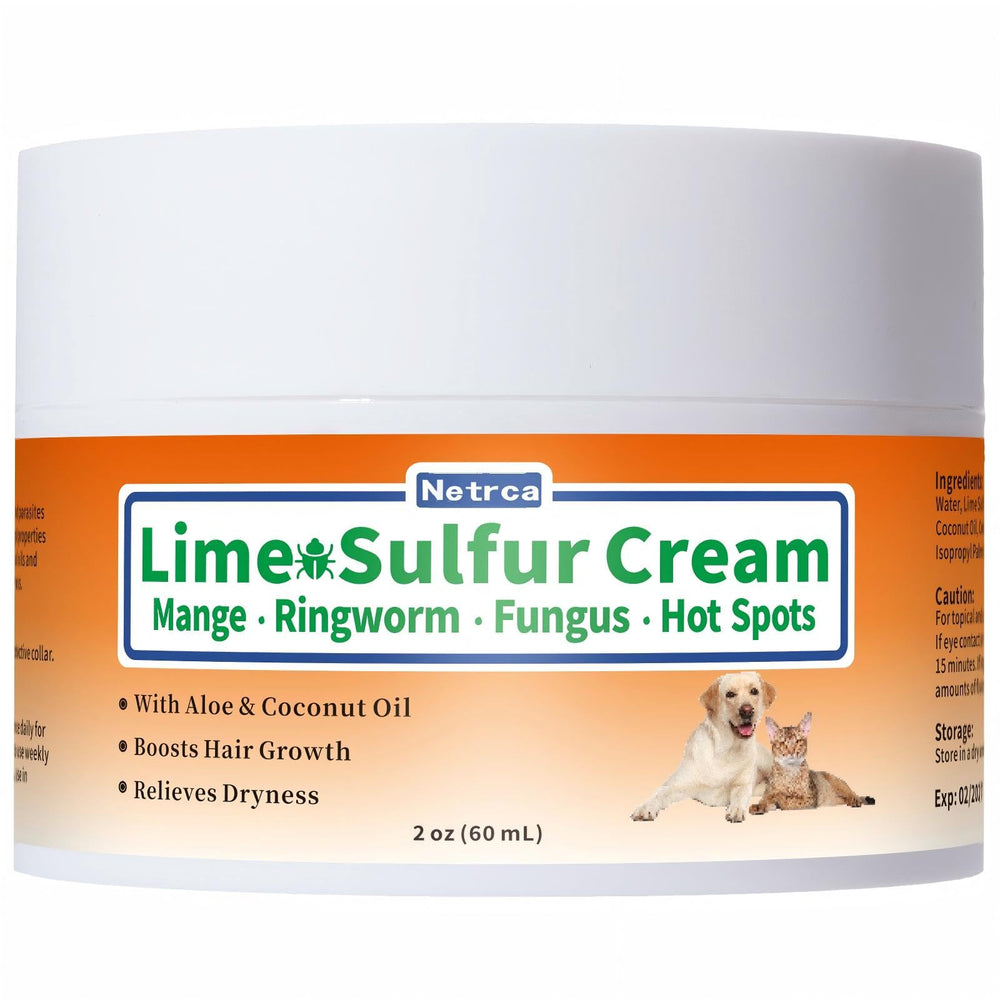 Netrca Lime Sulfur Cream bottle shows easy application for itchy pet skin relief.