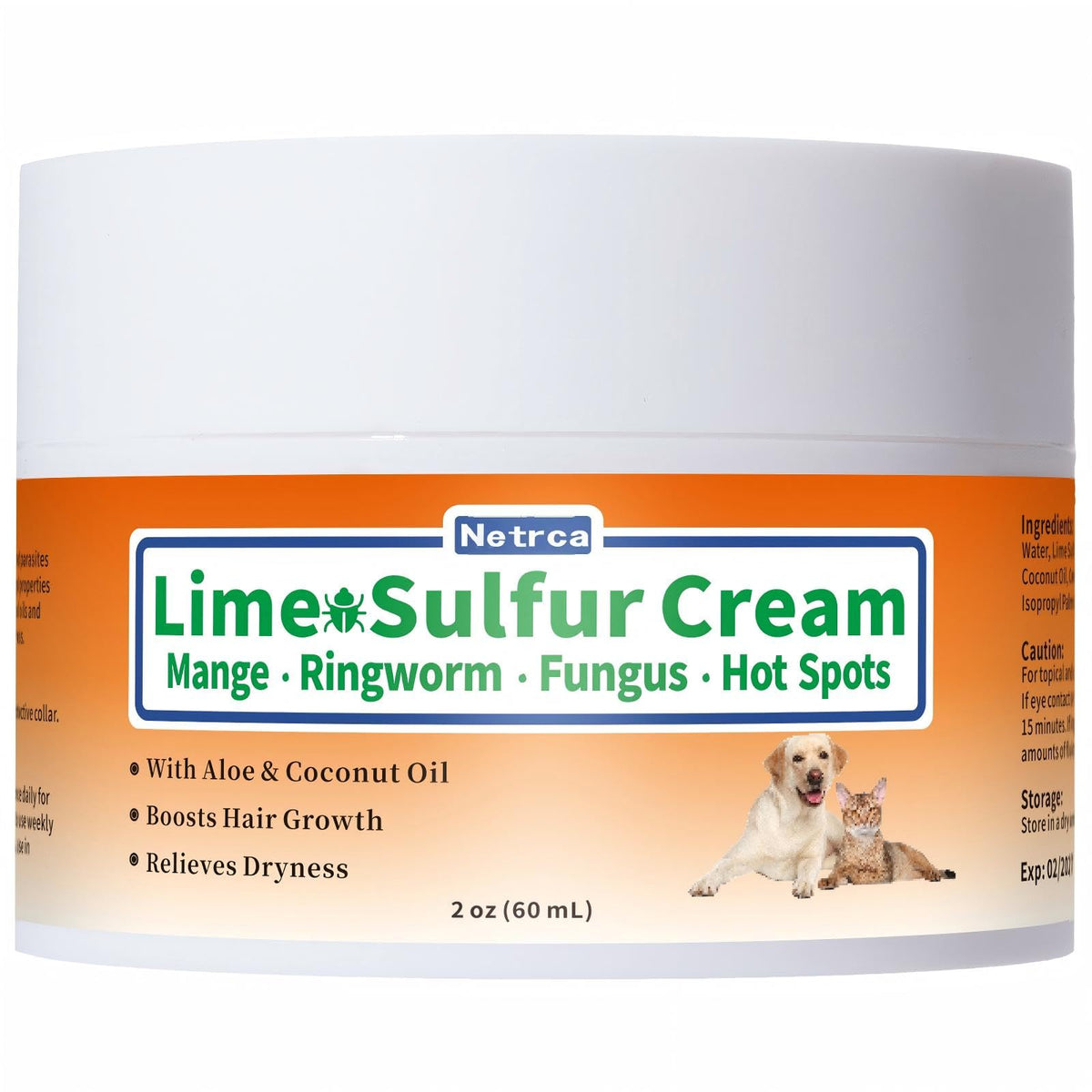 Netrca Lime Sulfur Cream bottle shows easy application for itchy pet skin relief.
