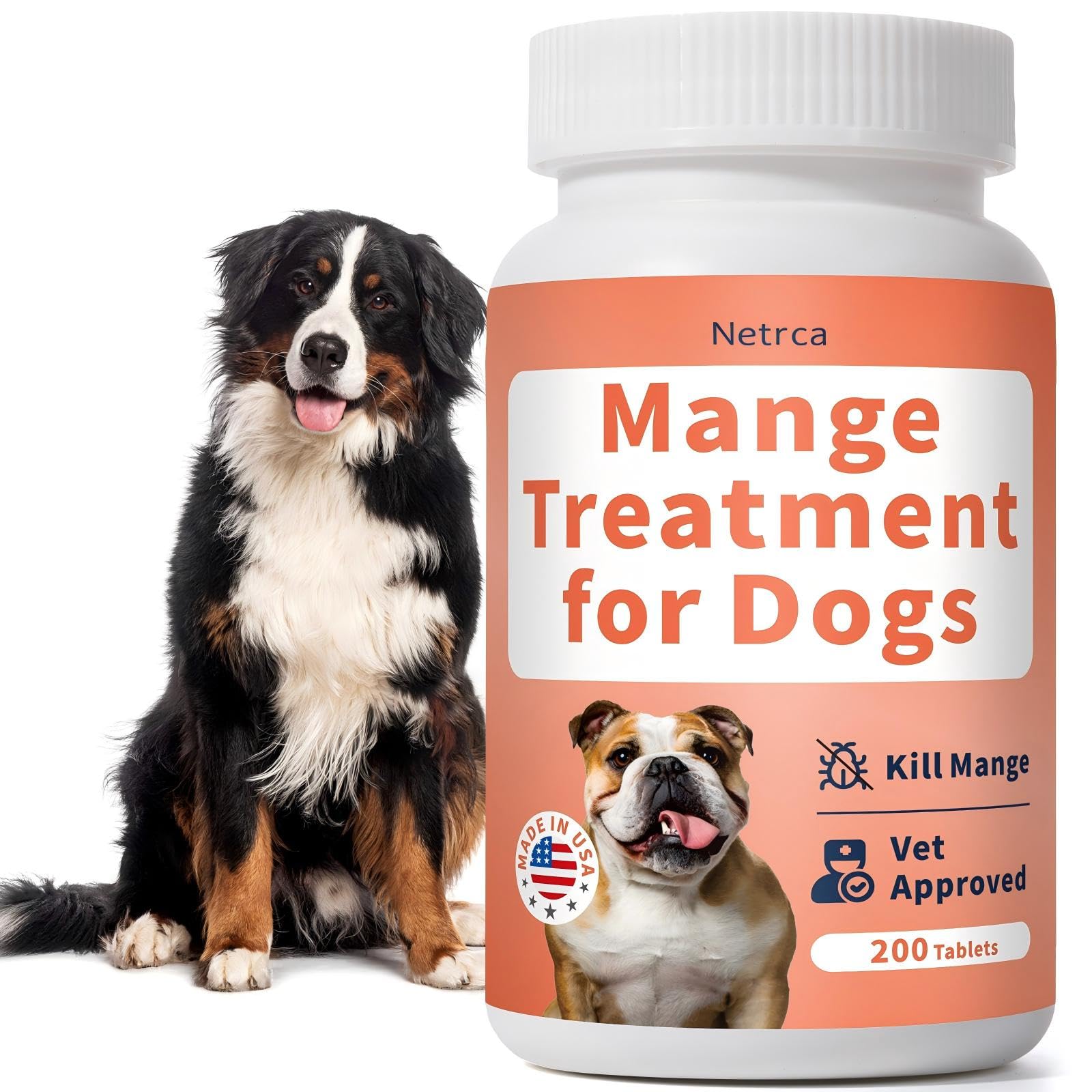Netrca Mange Treatment for Dogs bottle front — odorless tablets for easier dosing and relief