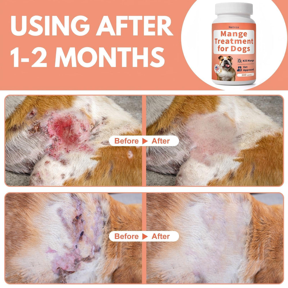 Netrca Mange Treatment for Dogs tablets closeup — odorless formula supports itching relief
