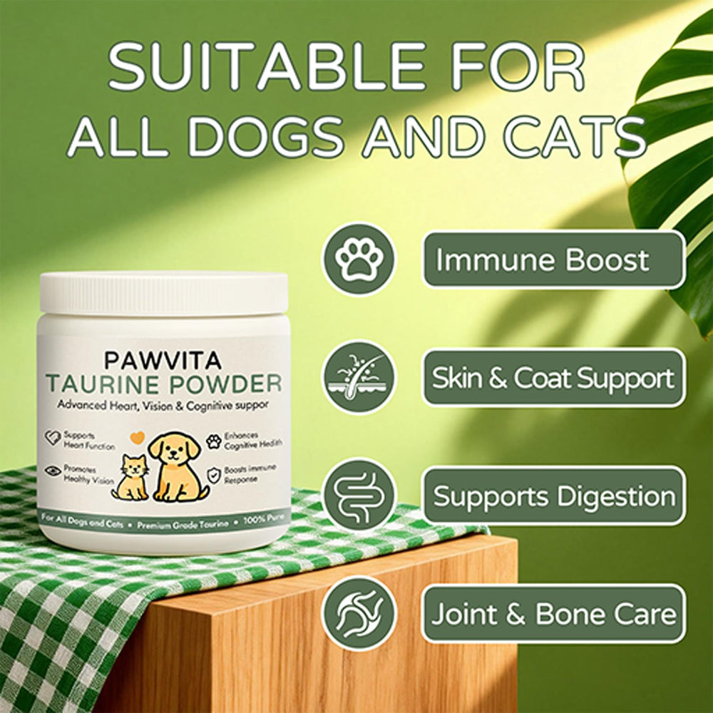 neurocept Pawvita taurine powder easy-measure packaging for meal-time supplementation.