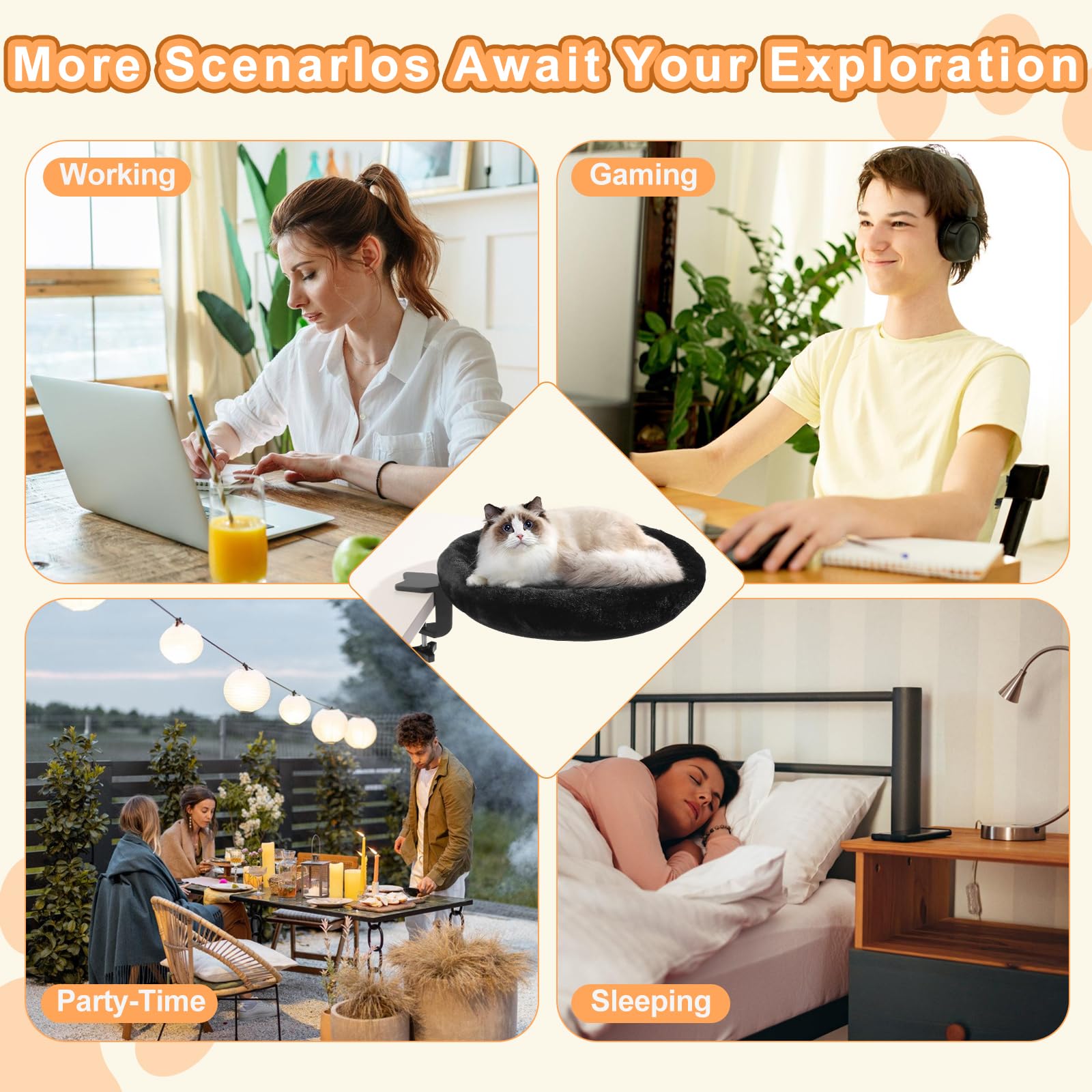 NEVESYKCUL cat desk bed in-use on desk shows close companionship while working