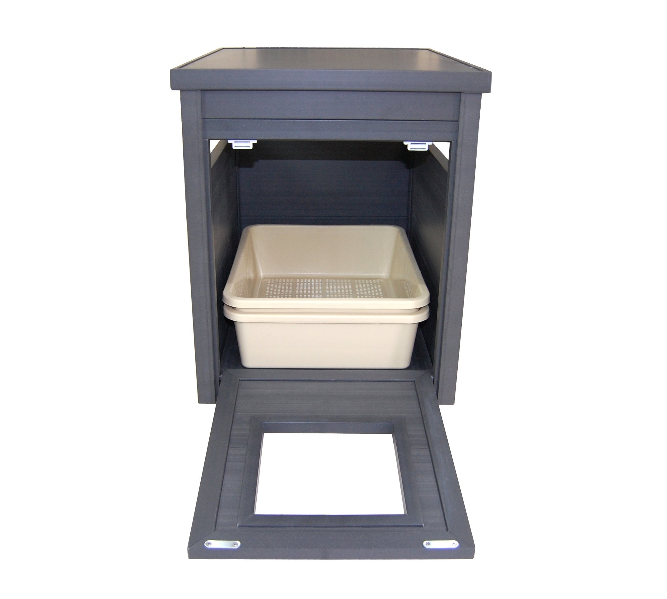 New Age Pet ECOFLEX Litter Loo jumbo-shelf interior highlights storage for scoops and supplies