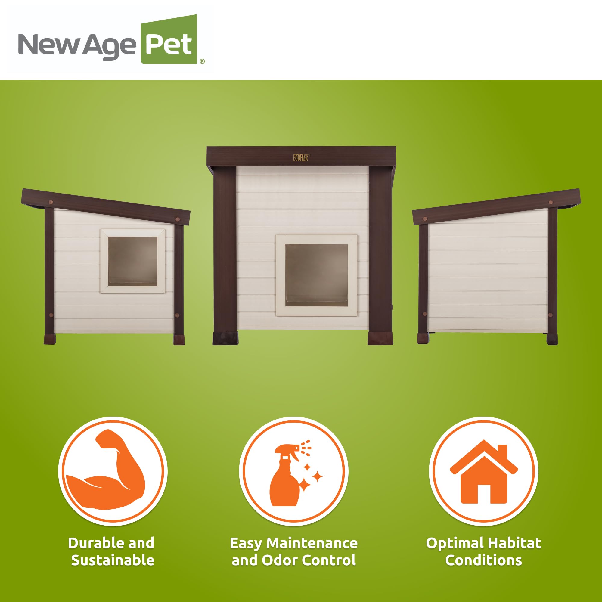 New Age Pet ECOFLEX Albany double-wall insulation keeps shelter seasonal friendly.