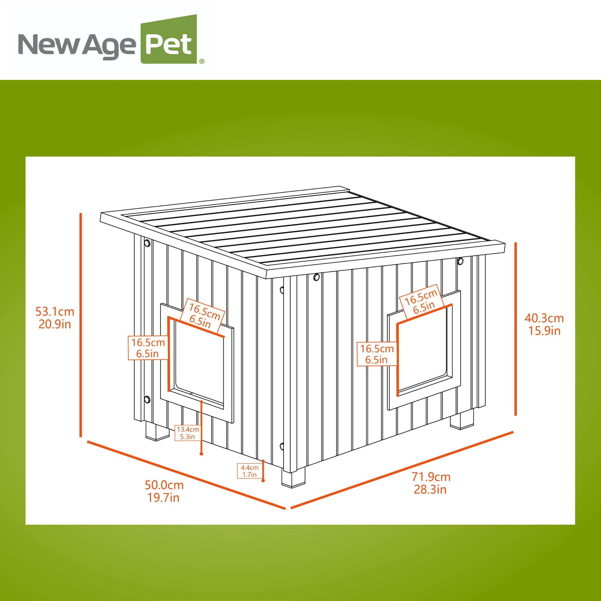 New Age Pet ECOFLEX Outdoor Cat House XL side view highlights raised floor for airflow