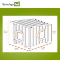 New Age Pet ECOFLEX Outdoor Cat House XL side view highlights raised floor for airflow