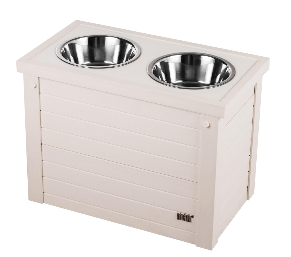 New Age Pet elevated dog feeder side view showing two bowls for easy reach