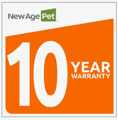 New Age Pet elevated feeder lid open revealing storage for dry food