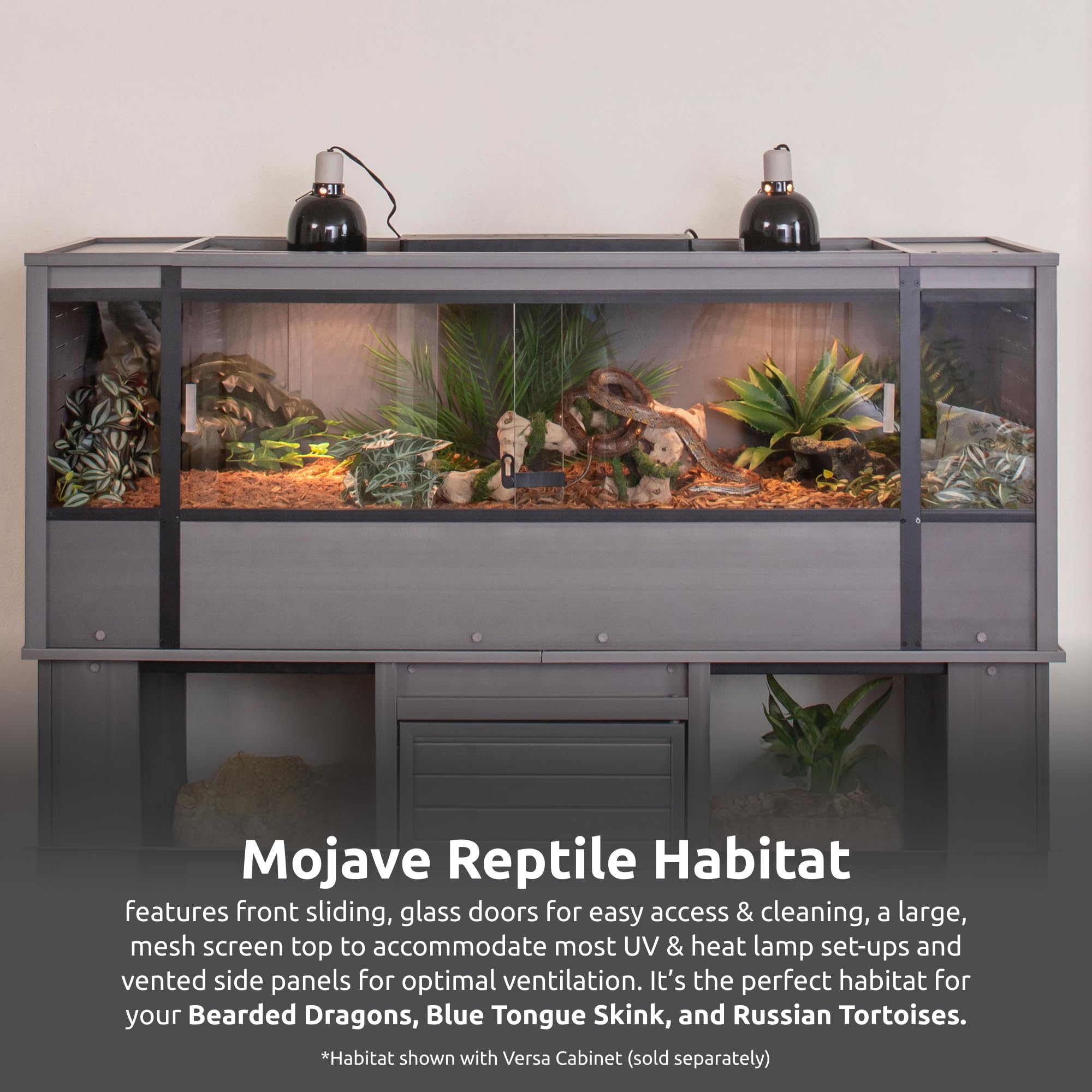 New Age Pet Mojave Lounge 60in mesh top enables heat and UV lamp setup with airflow.