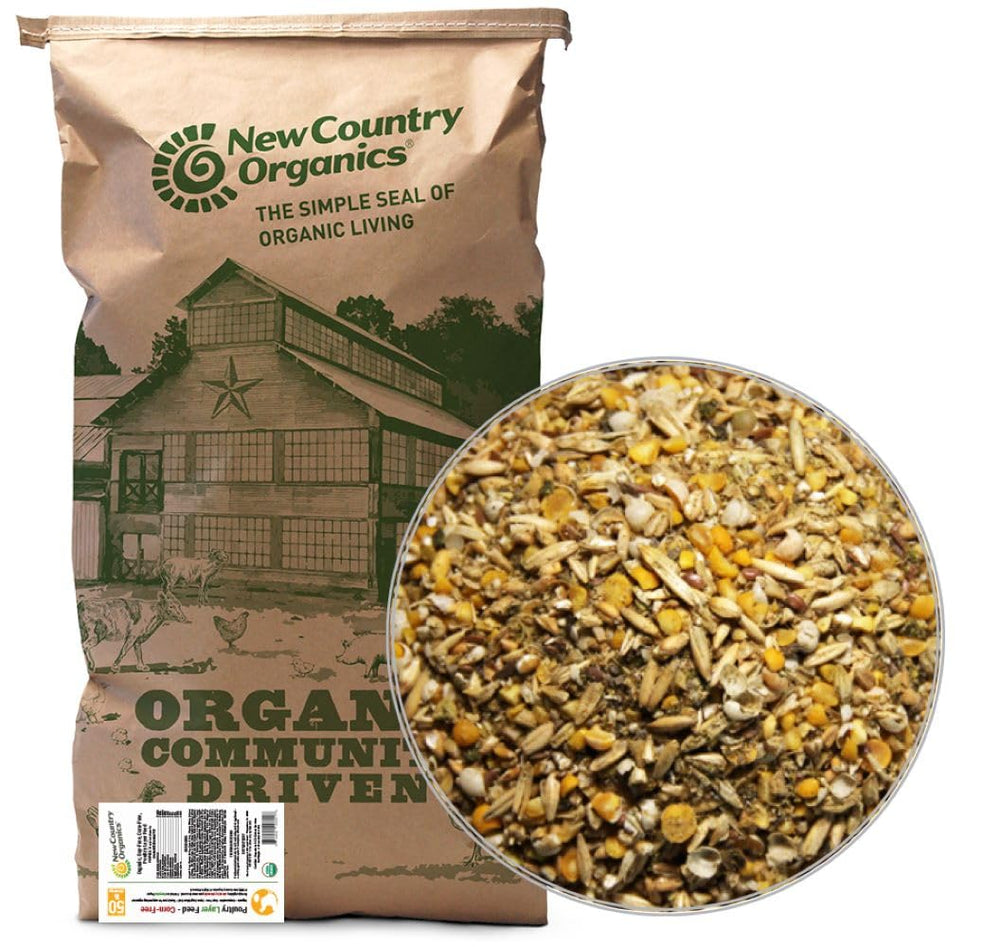 New Country Organics corn-free layer feed 50lb bag shows premium organic nutrition.