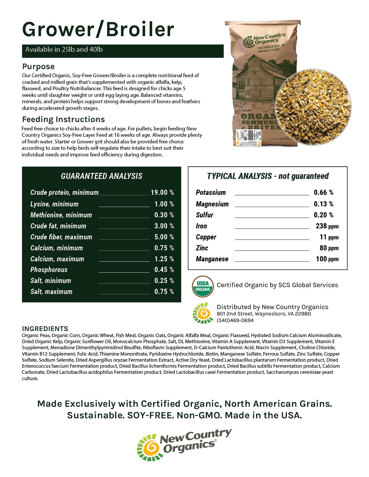 New Country Organics grower feed setup for chick-to-hen growth.