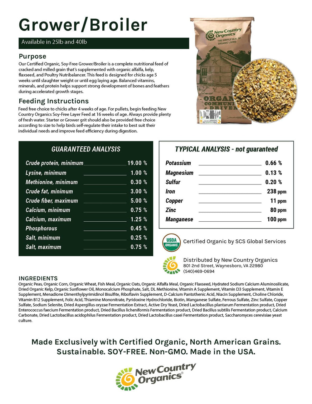 New Country Organics grower feed setup for chick-to-hen growth.