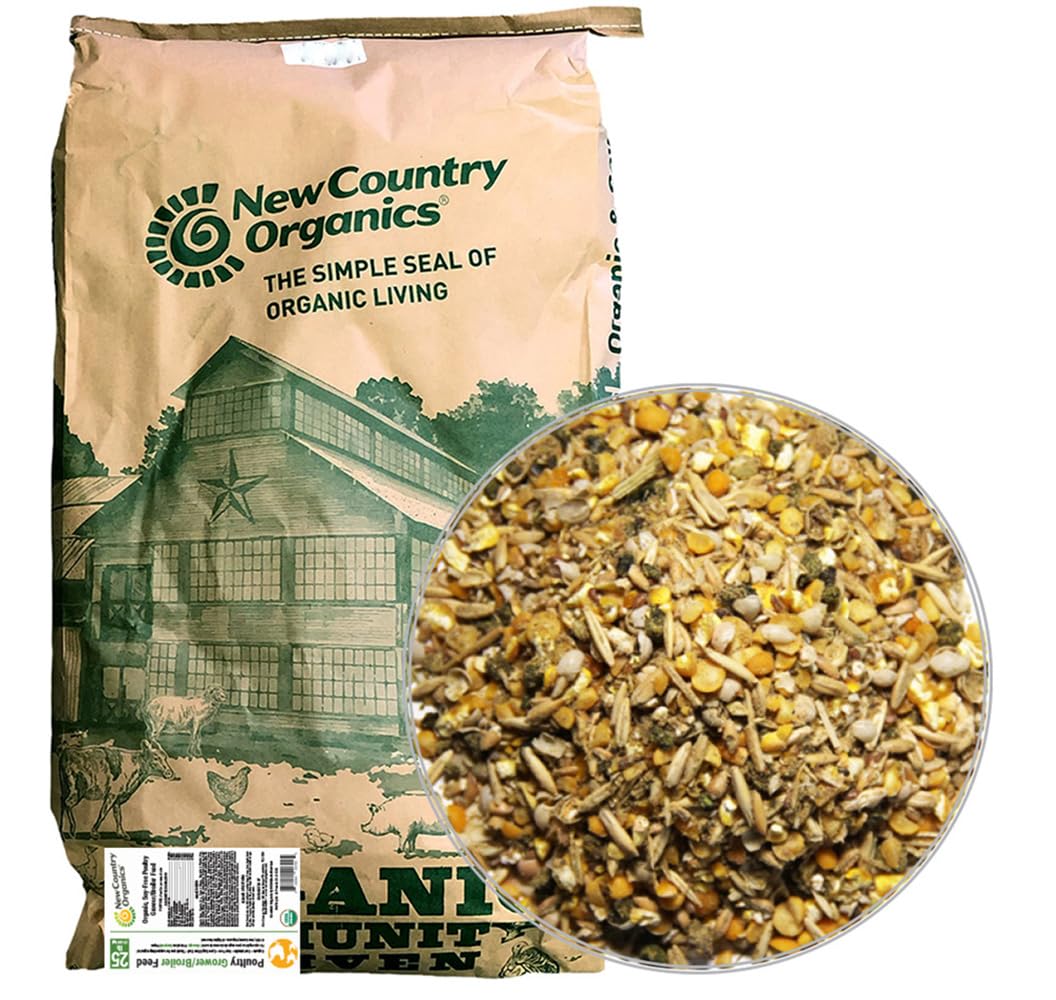 New Country Organics grower feed bag, 25 lb, convenient storage for a small flock.