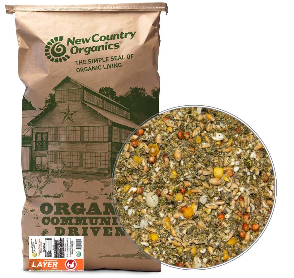 New Country Organics Pastured Layer Feed bag front view showing corn-free, soy-free formulation.