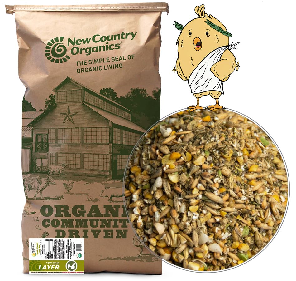 New Country Organics olive oil layer feed bag showcases organic, corn-free nutrition for hens.