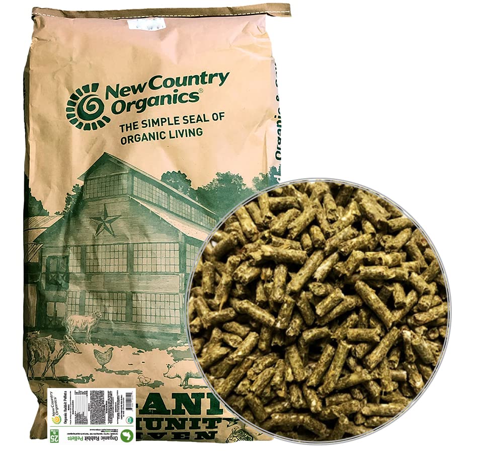 New Country Organics rabbit pellets bag front showing premium organic feed that rabbits love