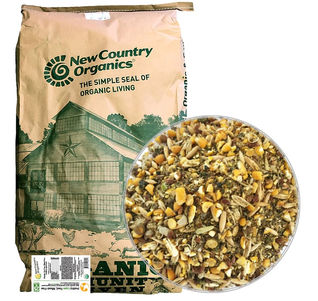 New Country Organics wheat-free chicken feed 25lb bag, supporting healthy laying hens.