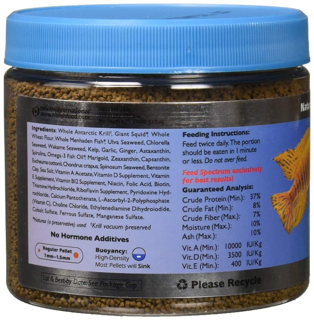 New Life Spectrum Naturox Cichlid Pellet ingredients panel highlights bentonite clay and ginger for digestibility