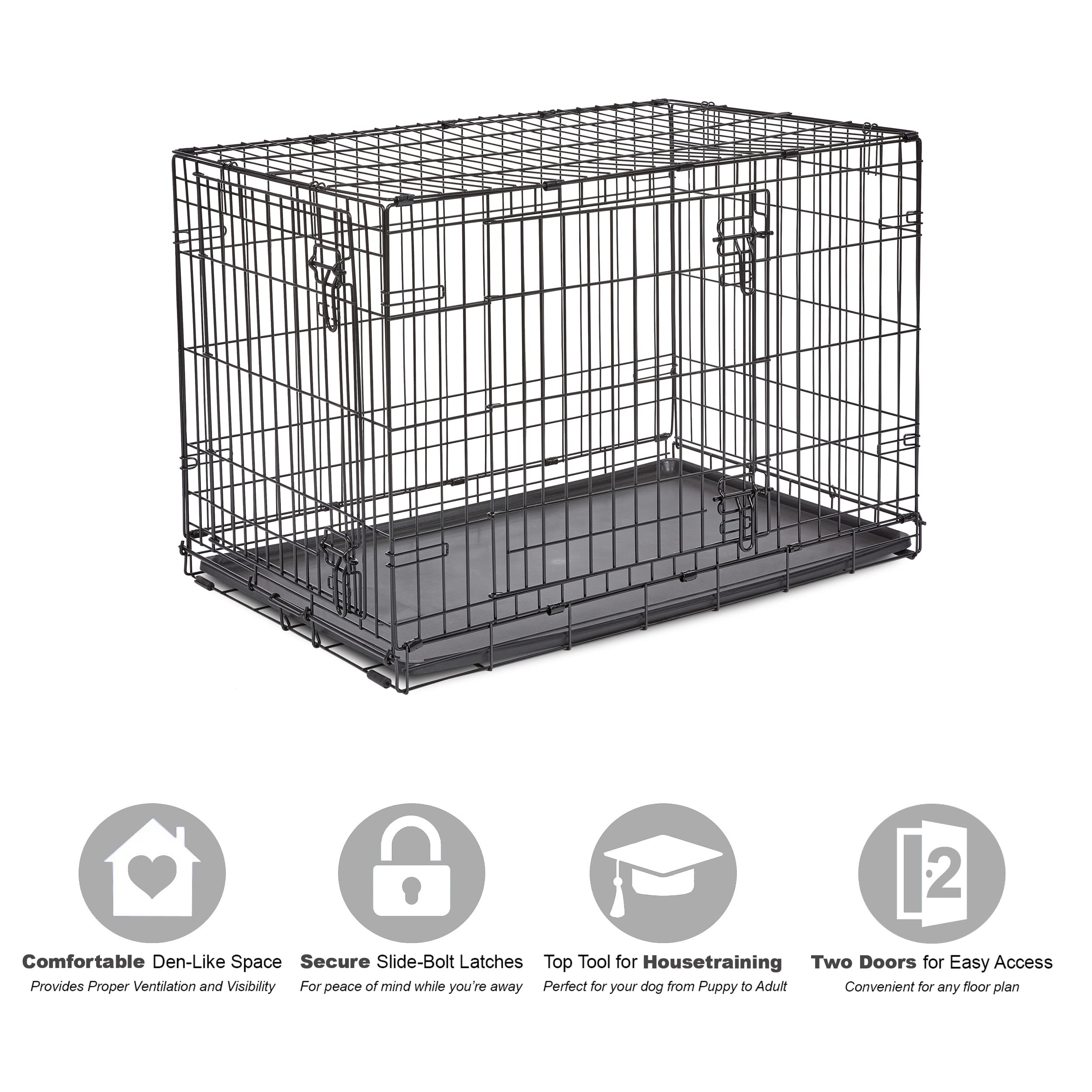New World locking slide-bolt with Paw Block enhances crate security when away.