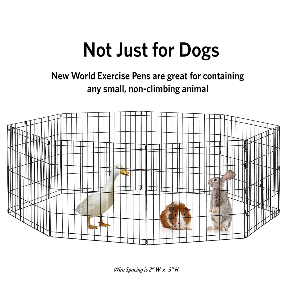 New World exercise pen includes ground anchors for outdoor stability.
