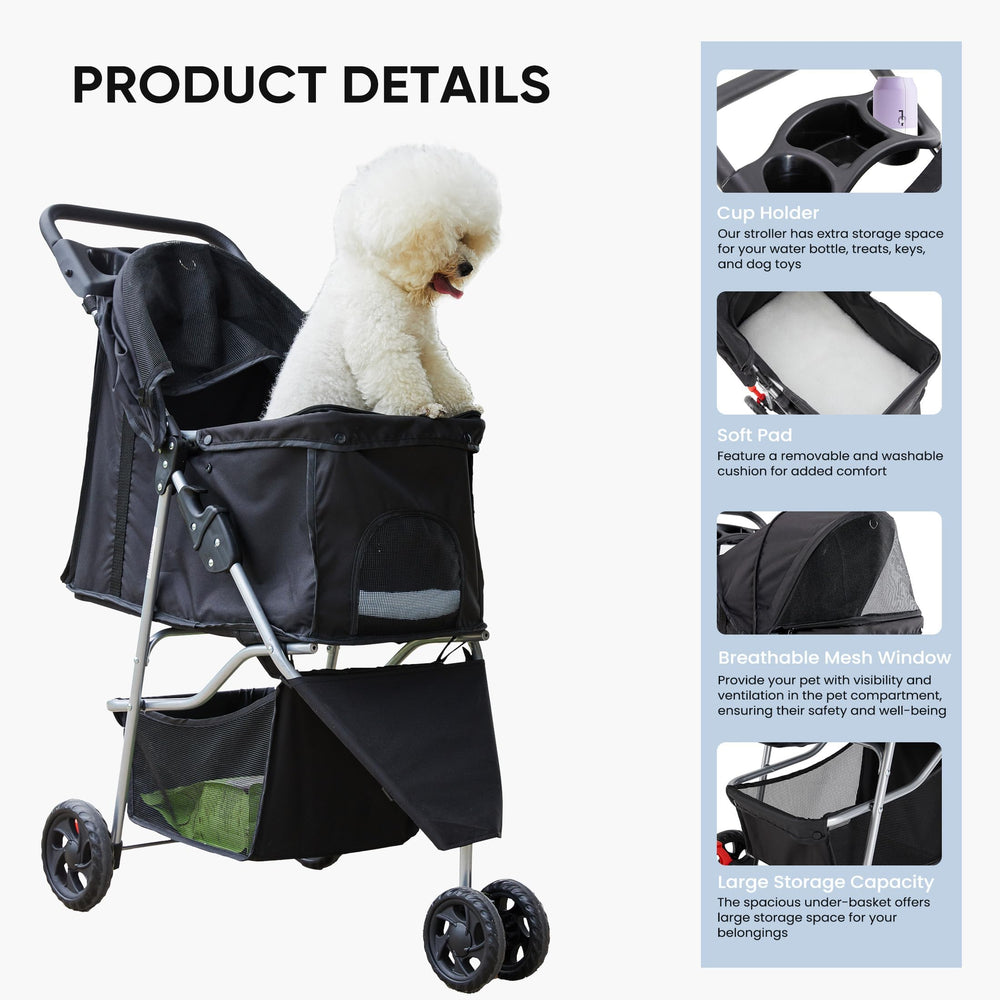 NEWBULIG 3 Wheel Pet Stroller canopy extended provides shade and comfort on walks.