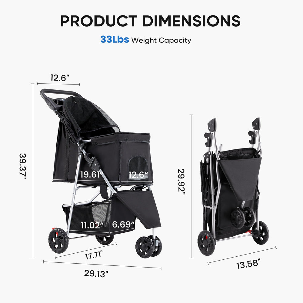 NEWBULIG 3 Wheel Pet Stroller interior shows breathable mesh for pet ventilation.