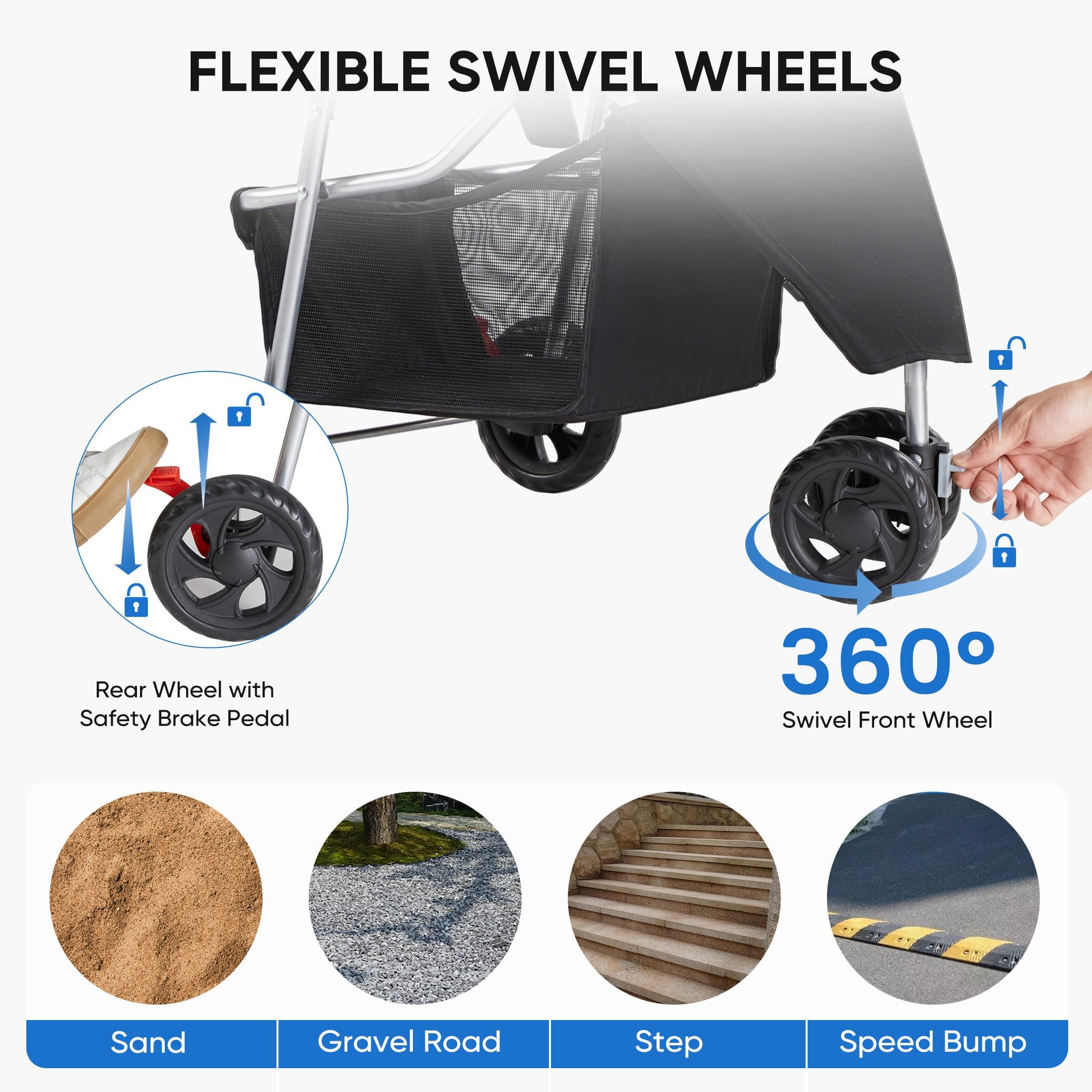 NEWBULIG 3 Wheel Pet Stroller storage basket keeps essentials nearby.