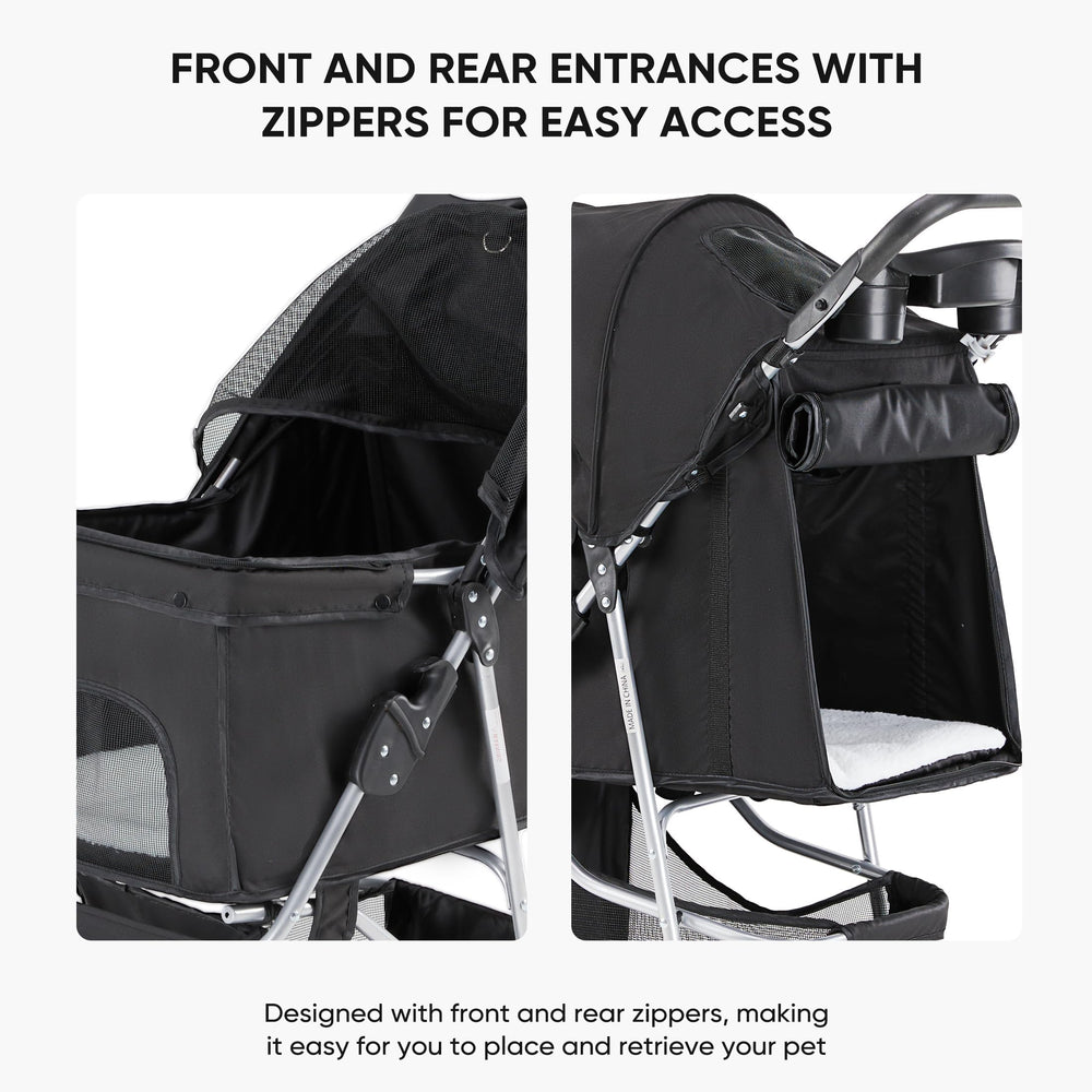 NEWBULIG 3 Wheel Pet Stroller rugged wheels tackle grass and pavement smoothly.