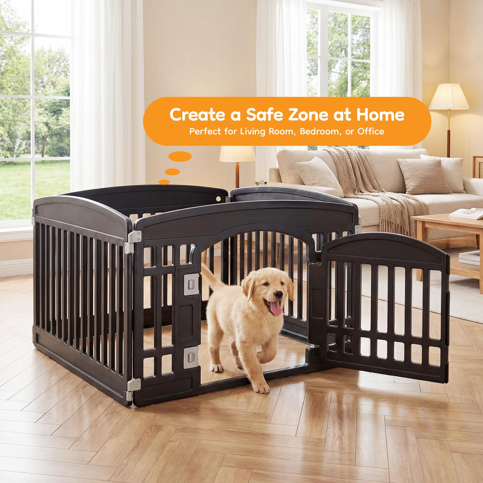 NEWBULIG 4-panel dog playpen showing modular layout for versatile indoor and outdoor use.