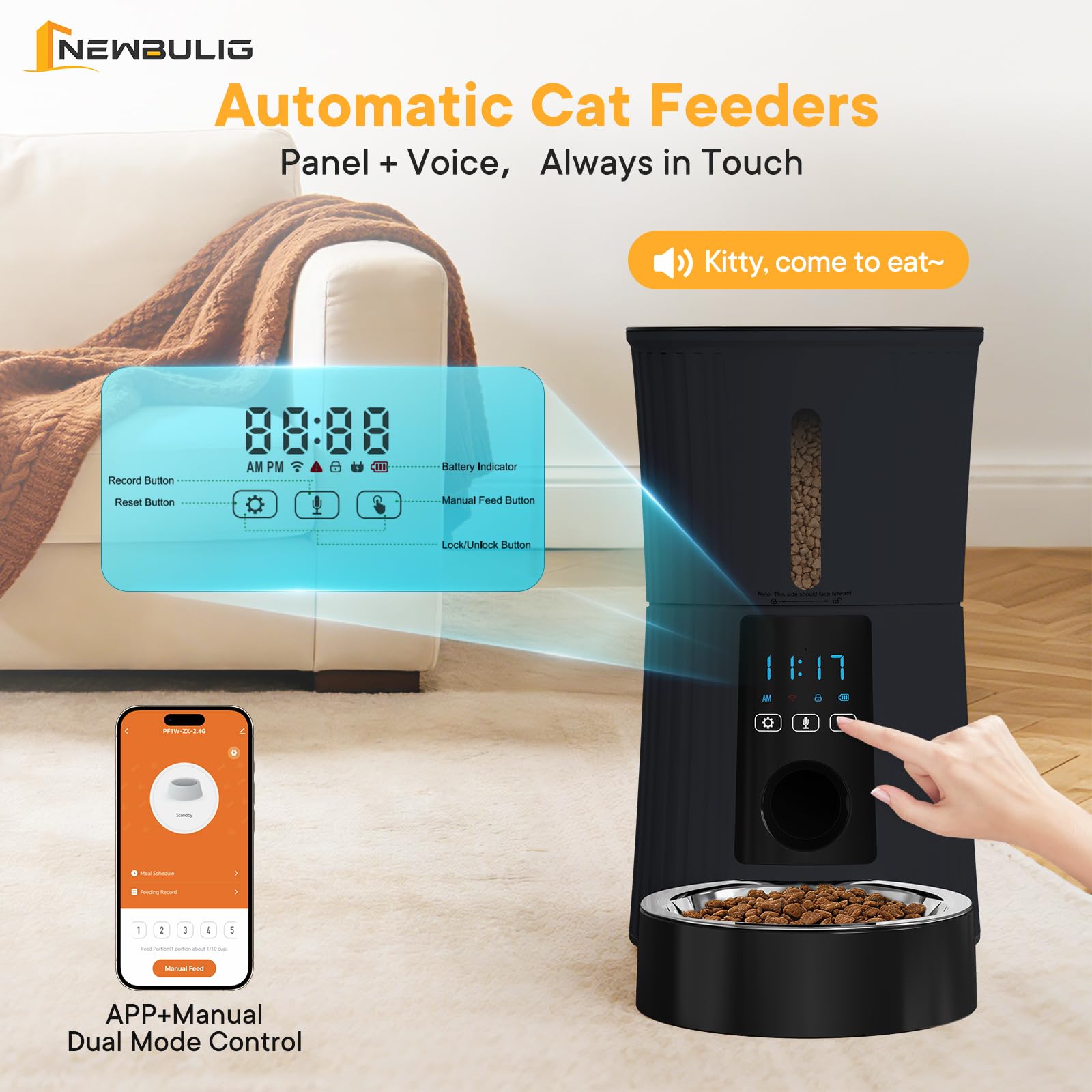 NEWBULIG kibble sizes 0.2–0.71 inches are supported by the feeder.