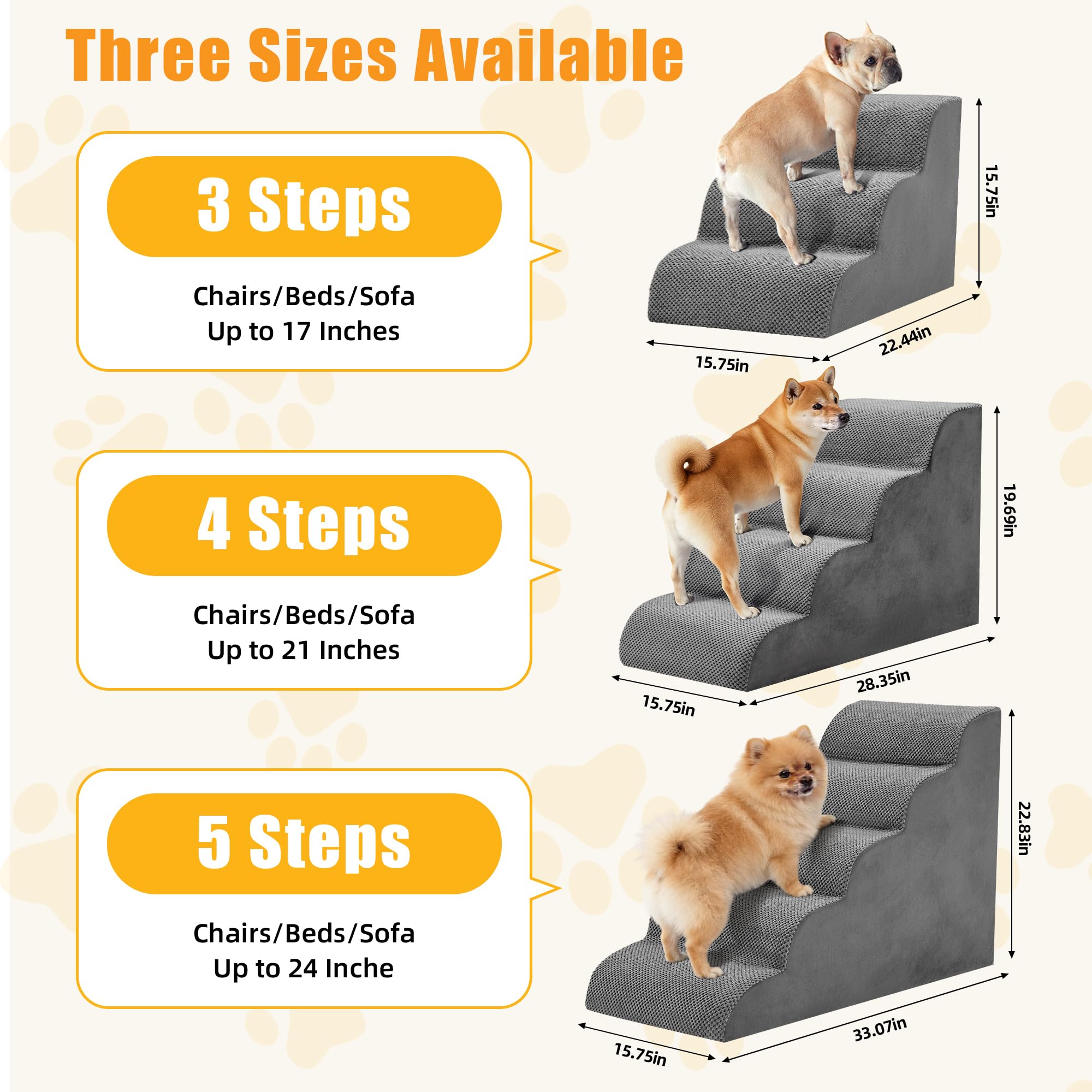 Newbulig dog stairs beside a high bed demonstrate accessibility for taller furniture.