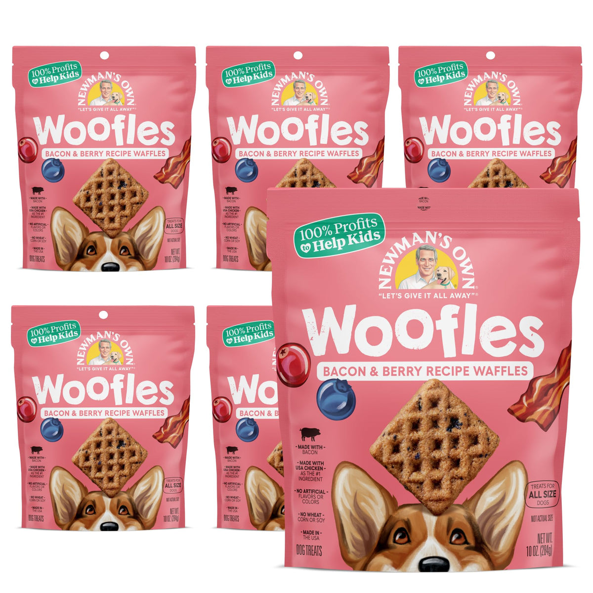 Newman's Own Bacon & Berry Woofles bag shown for training rewards.