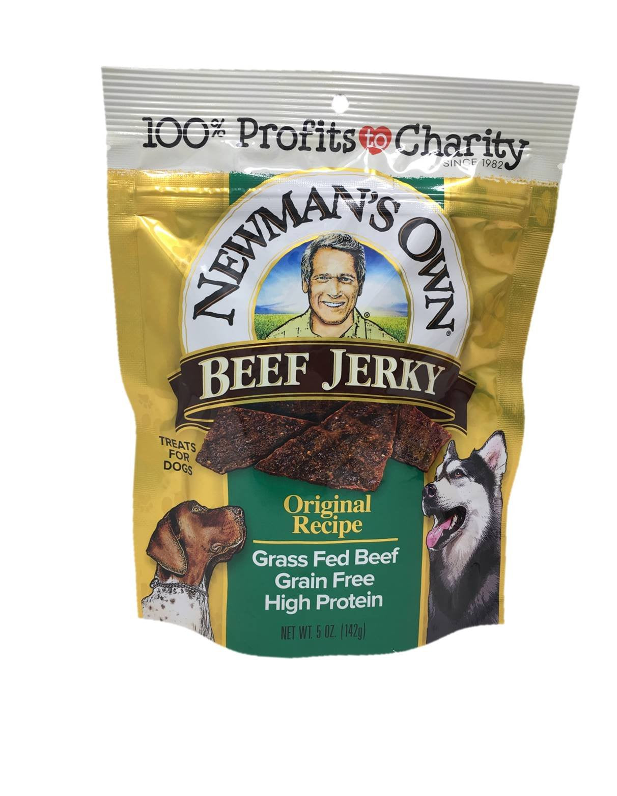 Newman's Own Beef Jerky dog treat bundle, two flavors, front view.