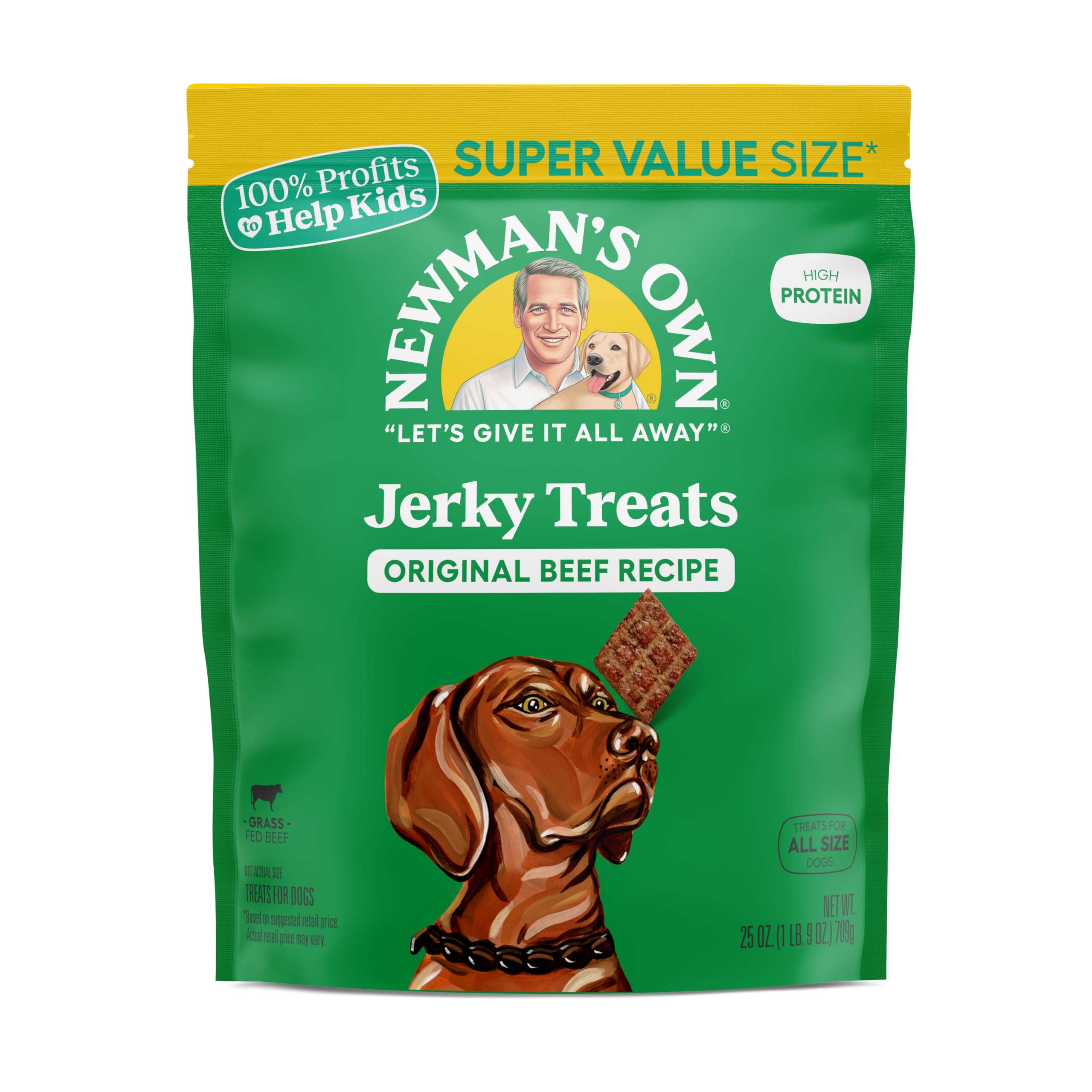 Newman's Own beef jerky dog treats packaging in 25 oz bag showing high-protein chew for active dogs