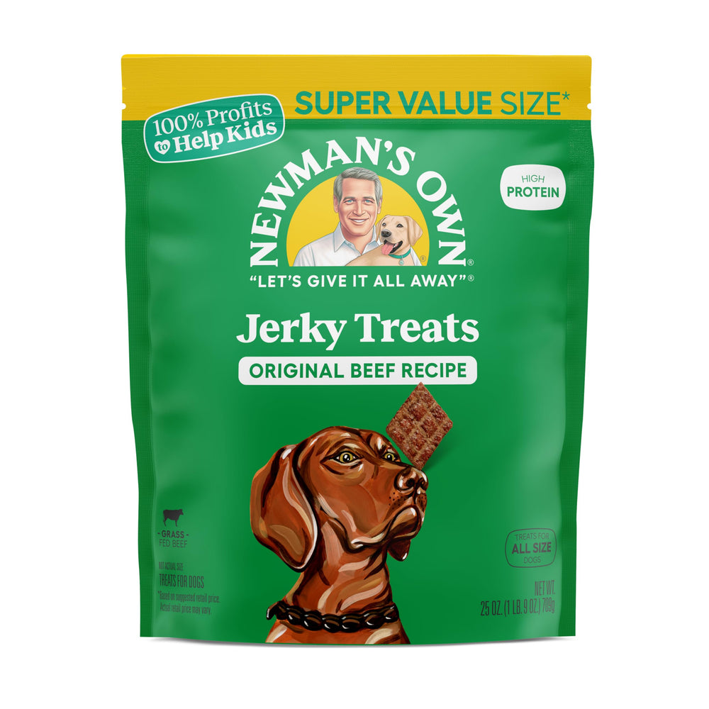 Newman's Own beef jerky dog treats packaging in 25 oz bag showing high-protein chew for active dogs