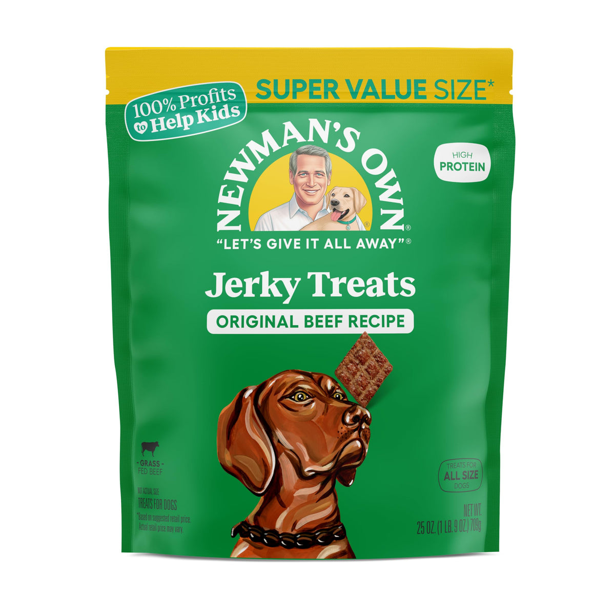 Newman's Own beef jerky dog treats packaging in 25 oz bag showing high-protein chew for active dogs