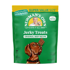 Newman's Own beef jerky dog treats packaging in 25 oz bag showing high-protein chew for active dogs
