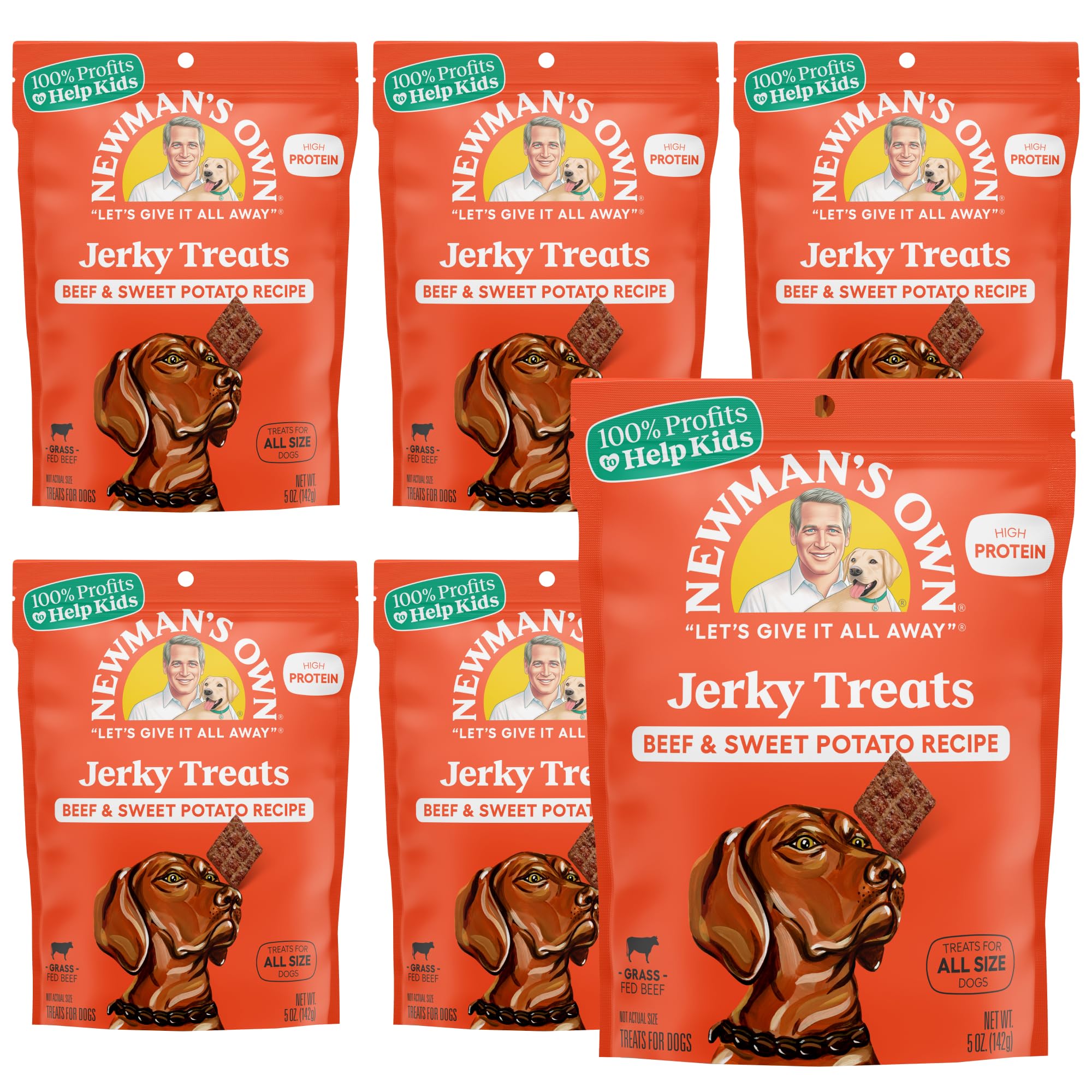 Newman's Own beef and sweet potato jerky bag, six-pack, ideal training rewards.