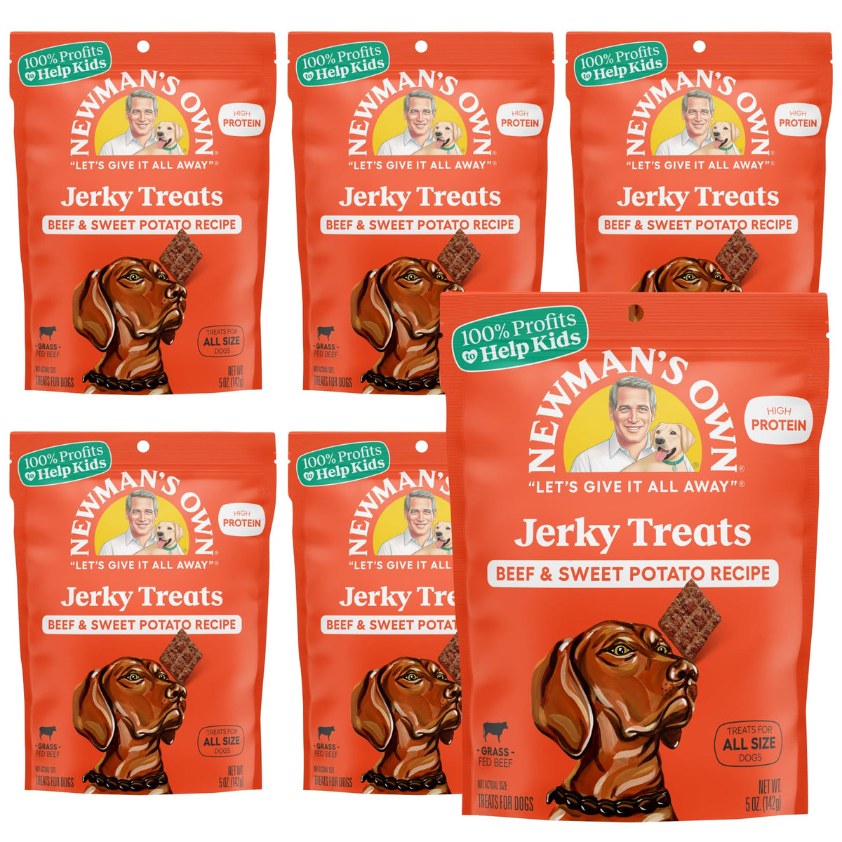 Newman's Own beef and sweet potato jerky bag, six-pack, ideal training rewards.