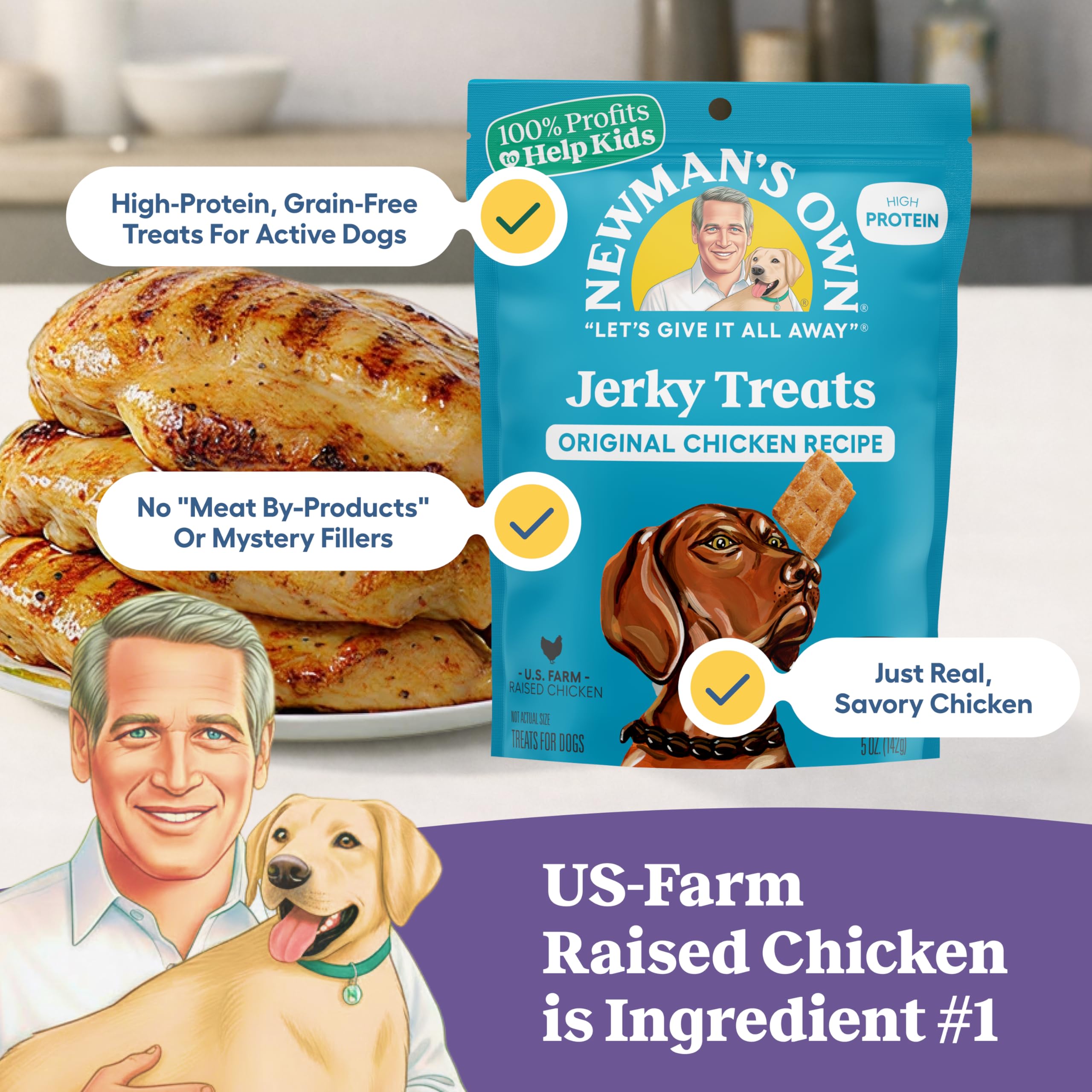 Newman's Own Chicken Jerky pack of six, chewy training rewards for dogs