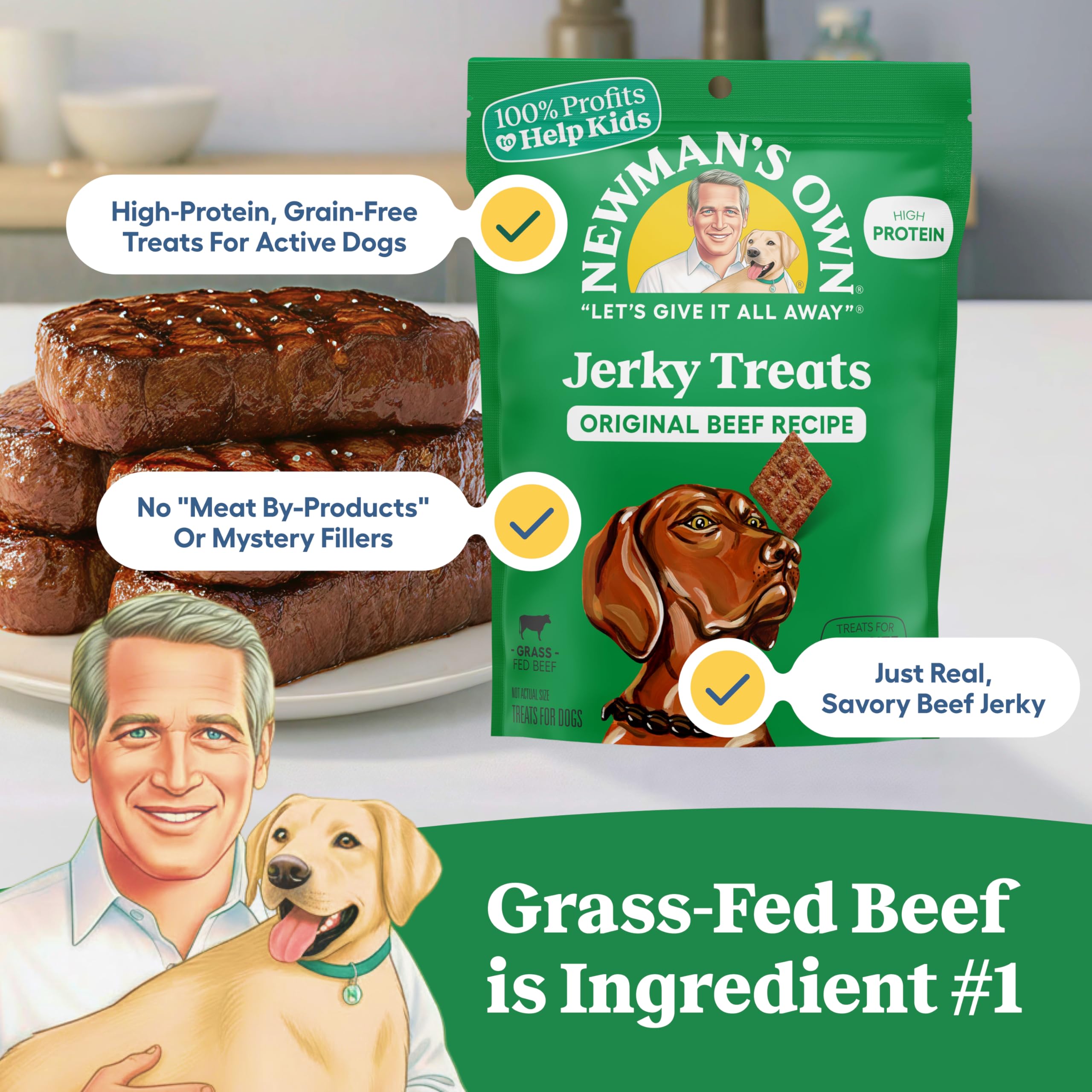 Newman's Own grain-free beef jerky dog treats slices highlighting grain-free formula