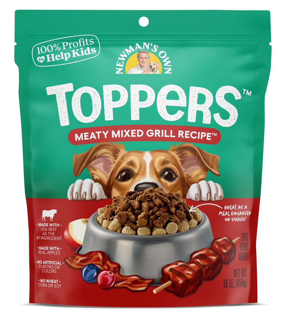 Newman's Own Meaty Mixed Grill Topper beef chunks over kibble for picky eaters