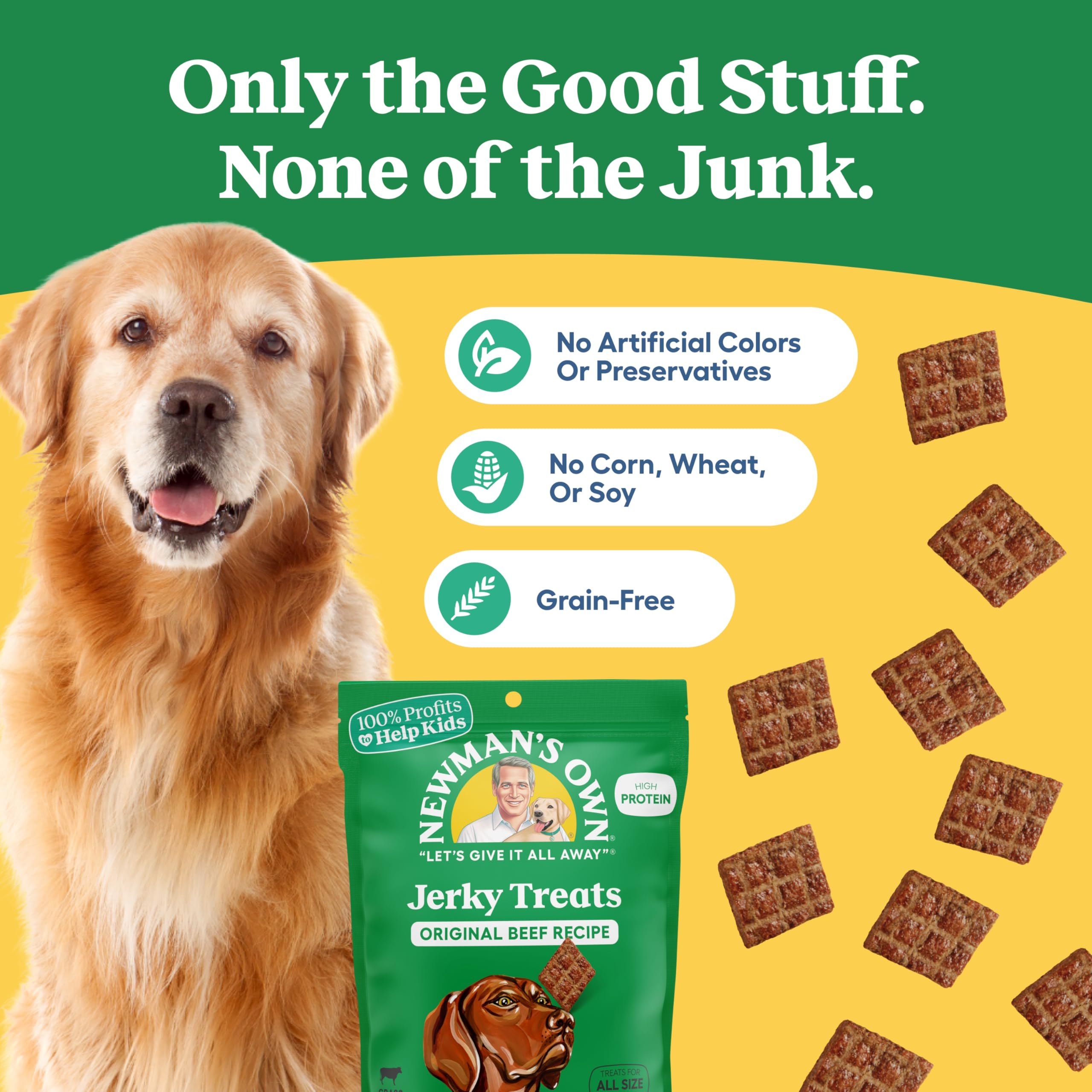 Grain-free label on Newman's Own beef jerky bag with no wheat, corn, or soy.