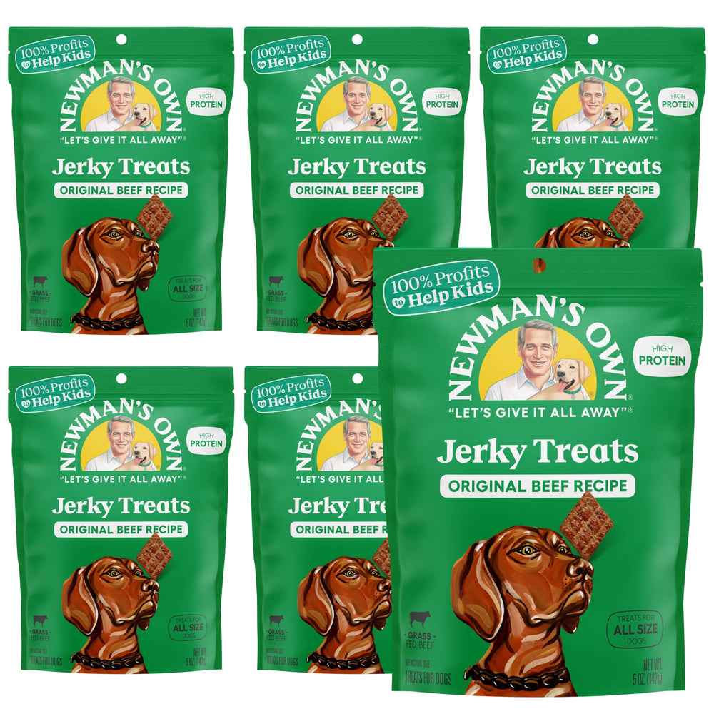 Newman's Own Original Beef Jerky Dog Treats pack front showing high-protein reward.
